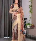Cream color Digital Printed And Zari Woven Work Linen Saree