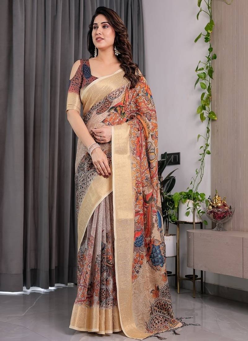 Cream color Digital Printed And Zari Woven Work Linen Saree