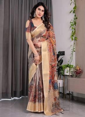 Cream color Digital Printed And Zari Woven Work Linen Saree 4