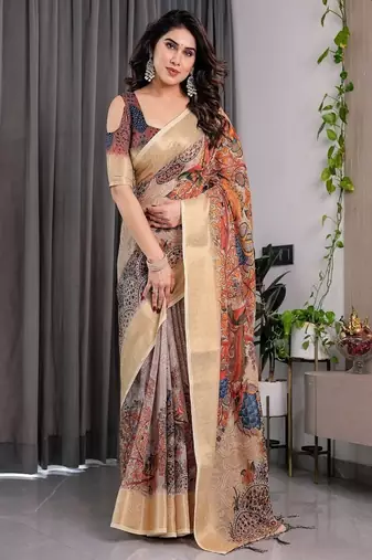 Cream color Digital Printed And Zari Woven Work Linen Saree