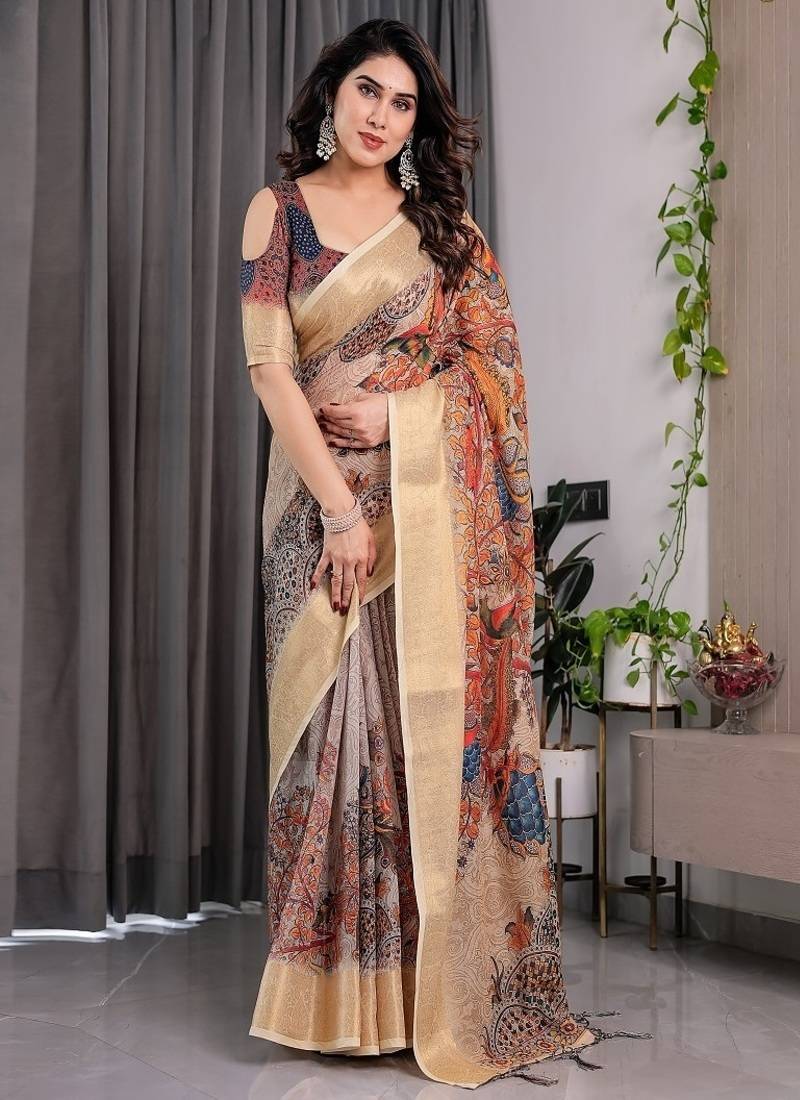 Cream color Digital Printed And Zari Woven Work Linen Saree