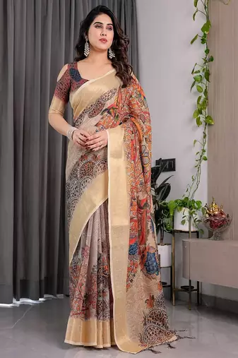 Cream color Digital Printed And Zari Woven Work Linen Saree