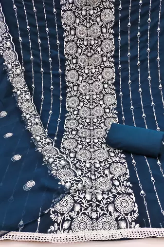 teal blue embroidered georgette unstitched dress material 