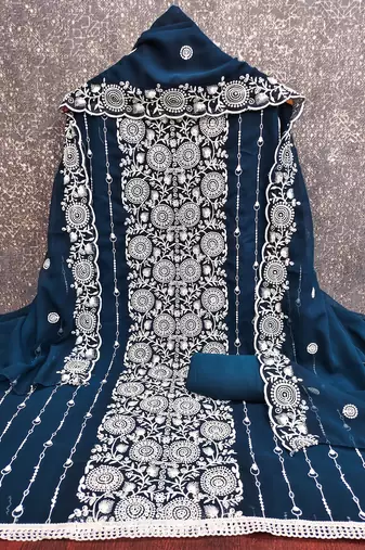 teal blue embroidered georgette unstitched dress material 