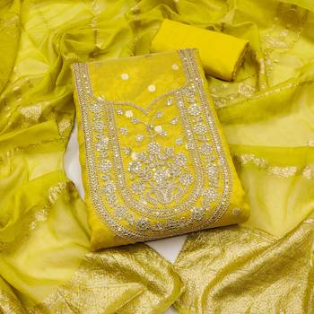yellow weaved shimmer silk unstitched dress material  1