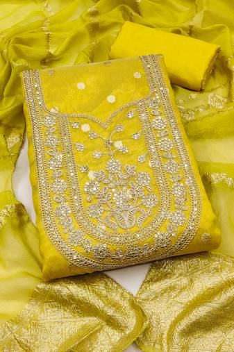 yellow weaved shimmer silk unstitched dress material 