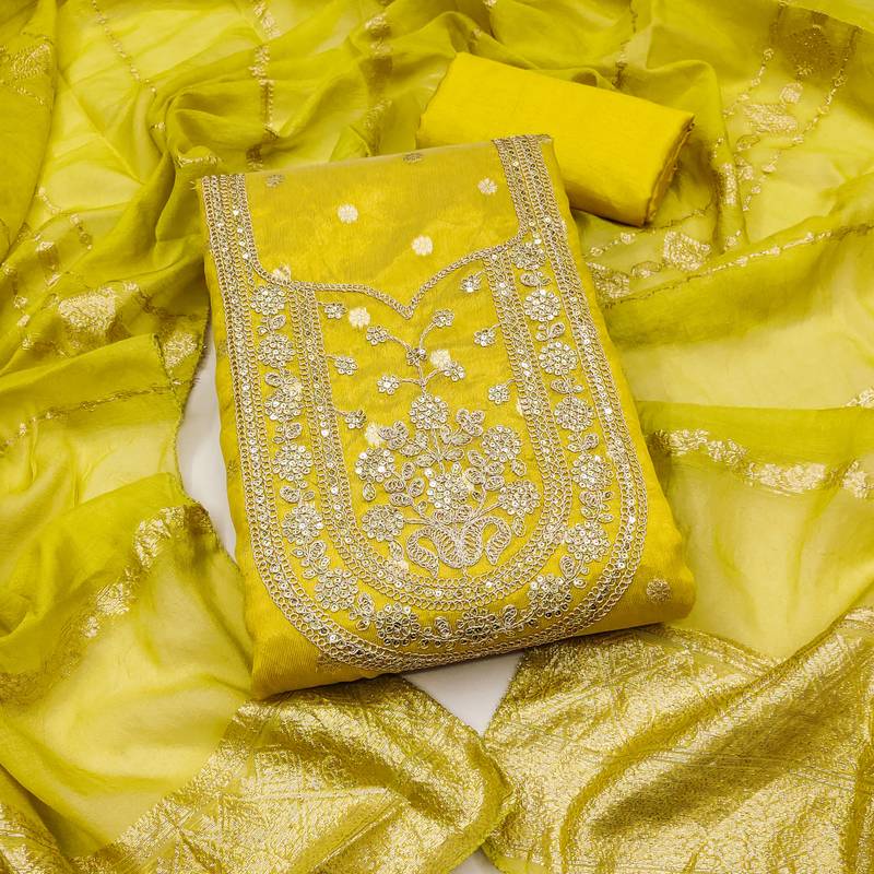 yellow weaved shimmer silk unstitched dress material 