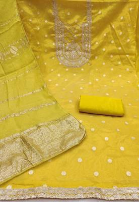 yellow weaved shimmer silk unstitched dress material  2
