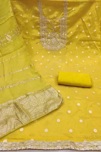 yellow weaved shimmer silk unstitched dress material 