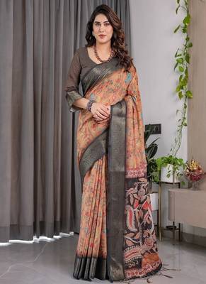 Brown color Digital Printed And Zari Woven Work Linen Saree 1