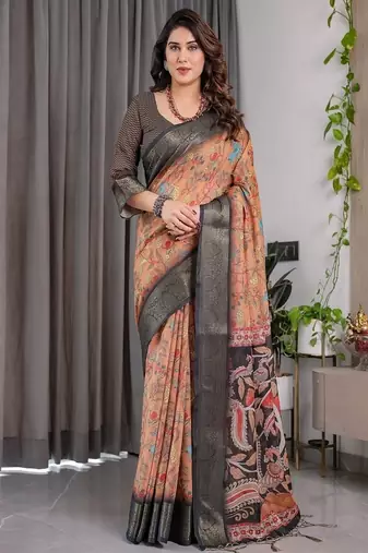 Brown color Digital Printed And Zari Woven Work Linen Saree