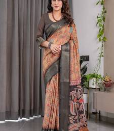 Brown color Digital Printed And Zari Woven Work Linen Saree