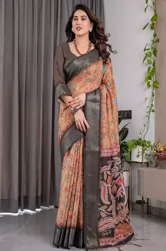 Brown color Digital Printed And Zari Woven Work Linen Saree
