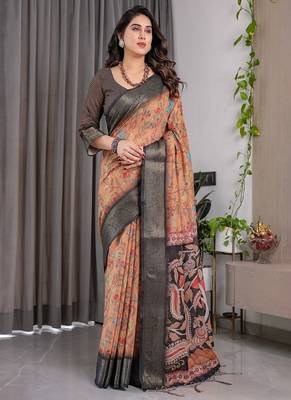 Brown color Digital Printed And Zari Woven Work Linen Saree 3