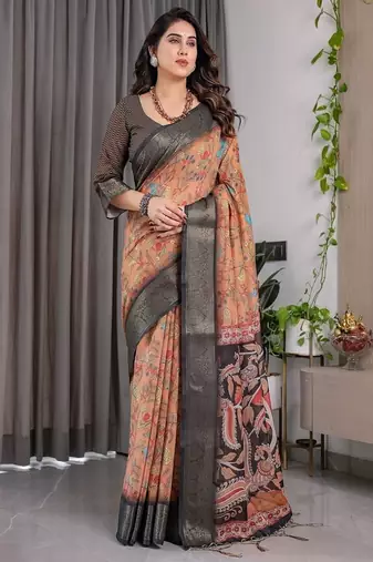 Brown color Digital Printed And Zari Woven Work Linen Saree