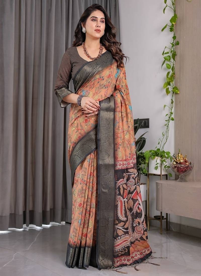 Brown color Digital Printed And Zari Woven Work Linen Saree