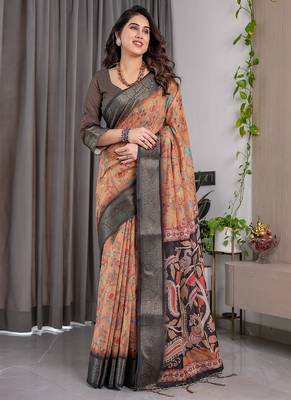 Brown color Digital Printed And Zari Woven Work Linen Saree 4