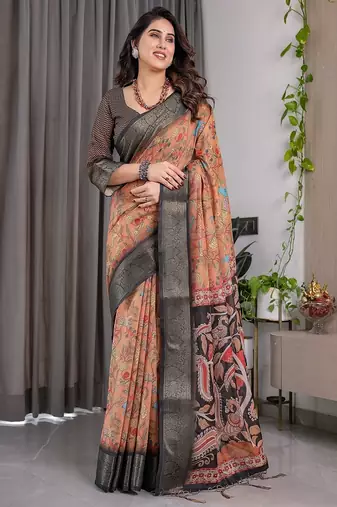 Brown color Digital Printed And Zari Woven Work Linen Saree