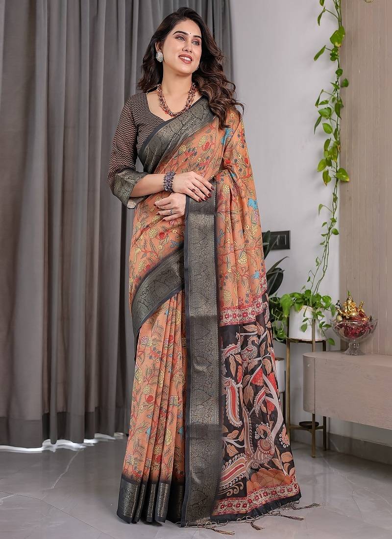 Brown color Digital Printed And Zari Woven Work Linen Saree