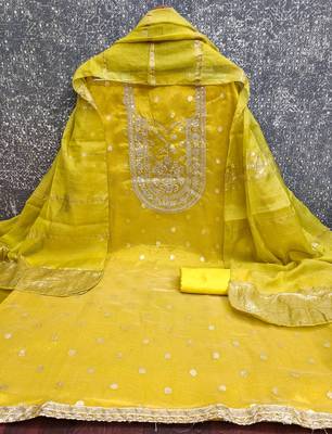 yellow weaved shimmer silk unstitched dress material  3