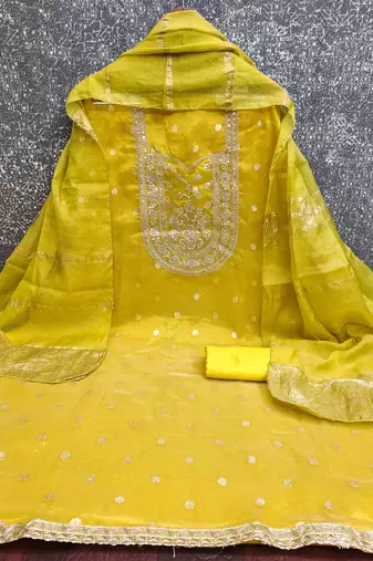 yellow weaved shimmer silk unstitched dress material 