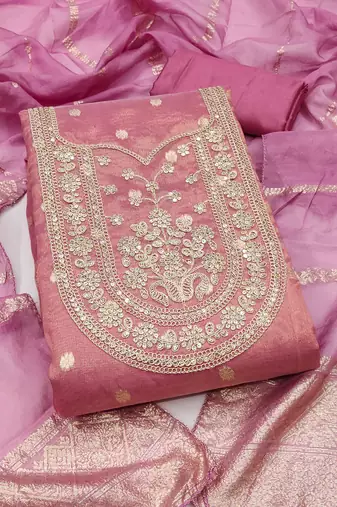 pink weaved shimmer silk unstitched dress material 