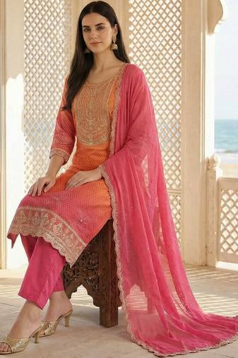 Women Ethnic Motifs Printed Regular Sequinned Kurta with Trousers & With Dupatta