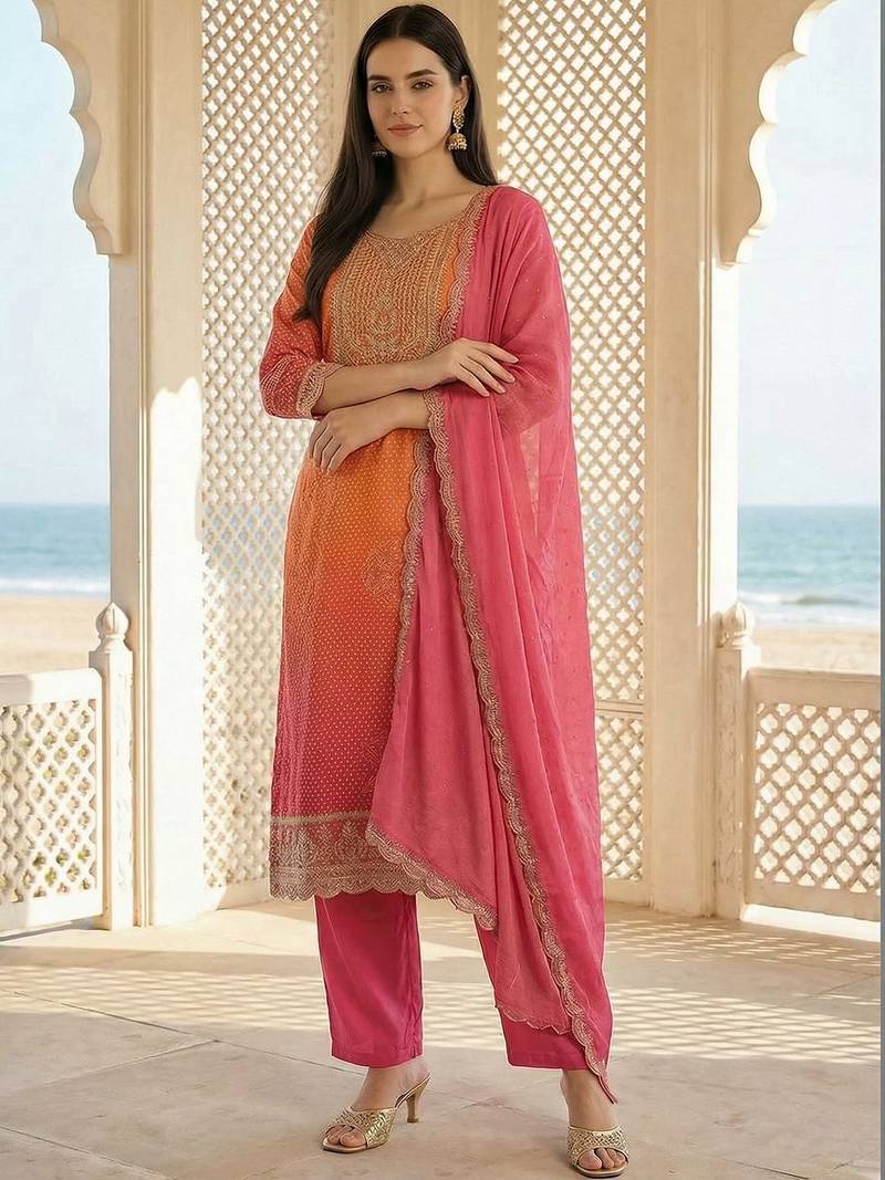 Women Ethnic Motifs Printed Regular Sequinned Kurta with Trousers & With Dupatta