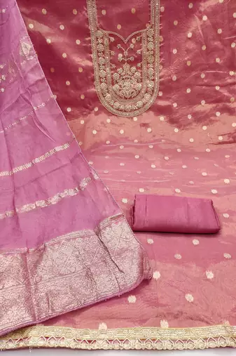 pink weaved shimmer silk unstitched dress material 