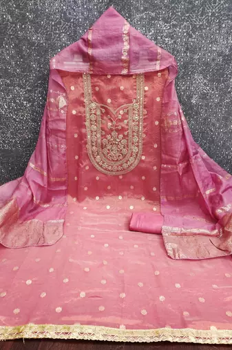 pink weaved shimmer silk unstitched dress material 