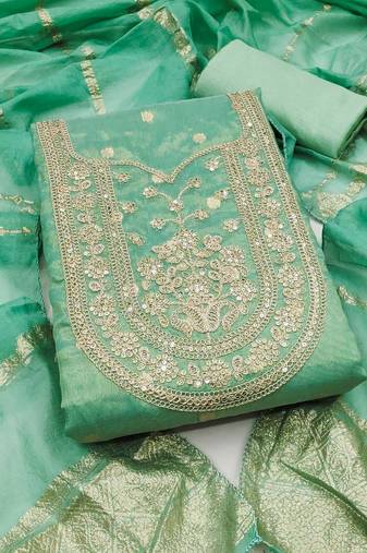 sea green weaved shimmer silk unstitched dress material 