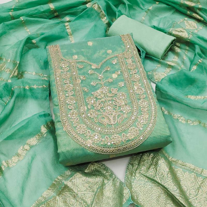 sea green weaved shimmer silk unstitched dress material 