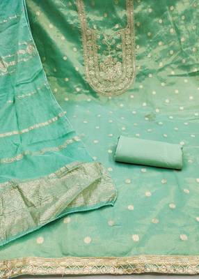 sea green weaved shimmer silk unstitched dress material  2