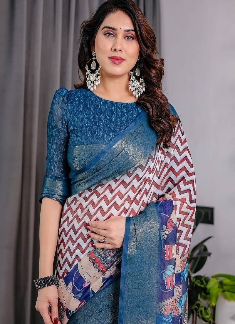 Navy Blue color Digital Printed And Zari Woven Work Linen Saree