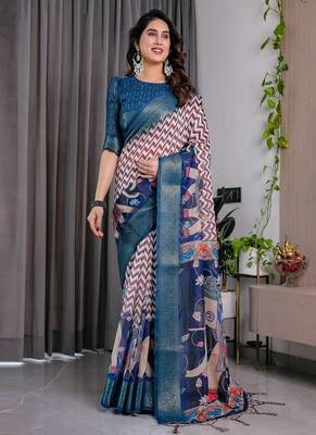 Navy Blue color Digital Printed And Zari Woven Work Linen Saree 3