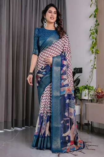 Navy Blue color Digital Printed And Zari Woven Work Linen Saree
