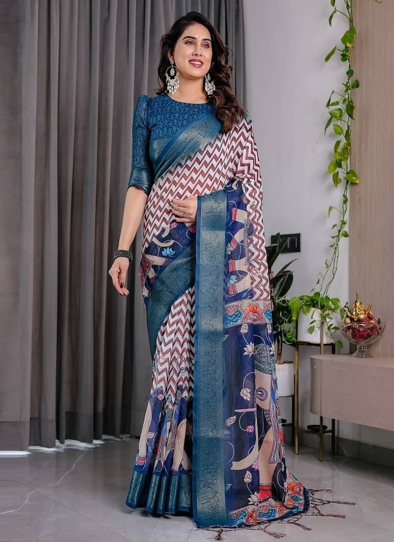 Navy Blue color Digital Printed And Zari Woven Work Linen Saree