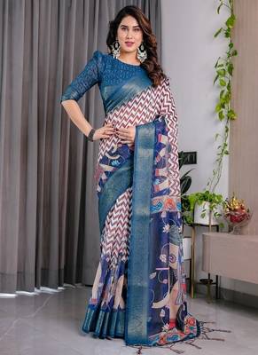 Navy Blue color Digital Printed And Zari Woven Work Linen Saree 1