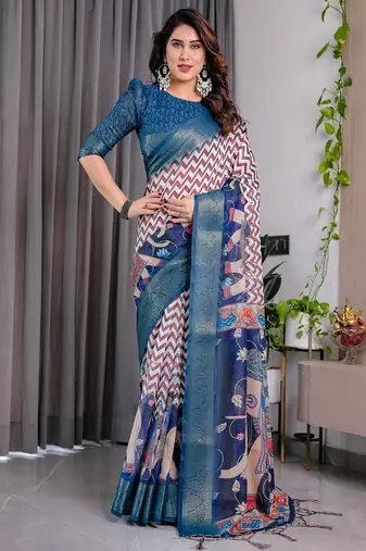 Navy Blue color Digital Printed And Zari Woven Work Linen Saree