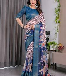 Navy Blue color Digital Printed And Zari Woven Work Linen Saree