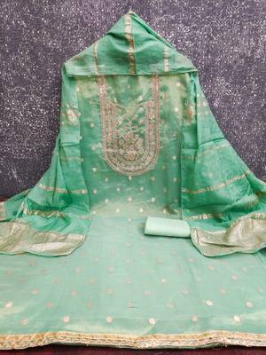 sea green weaved shimmer silk unstitched dress material  3