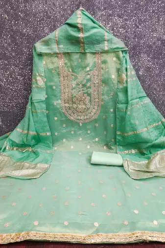 sea green weaved shimmer silk unstitched dress material 