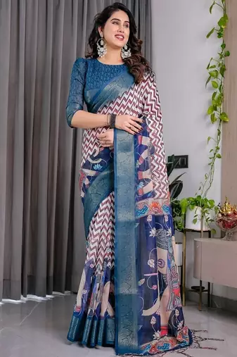Navy Blue color Digital Printed And Zari Woven Work Linen Saree