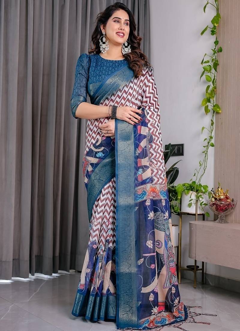 Navy Blue color Digital Printed And Zari Woven Work Linen Saree