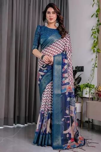 Navy Blue color Digital Printed And Zari Woven Work Linen Saree