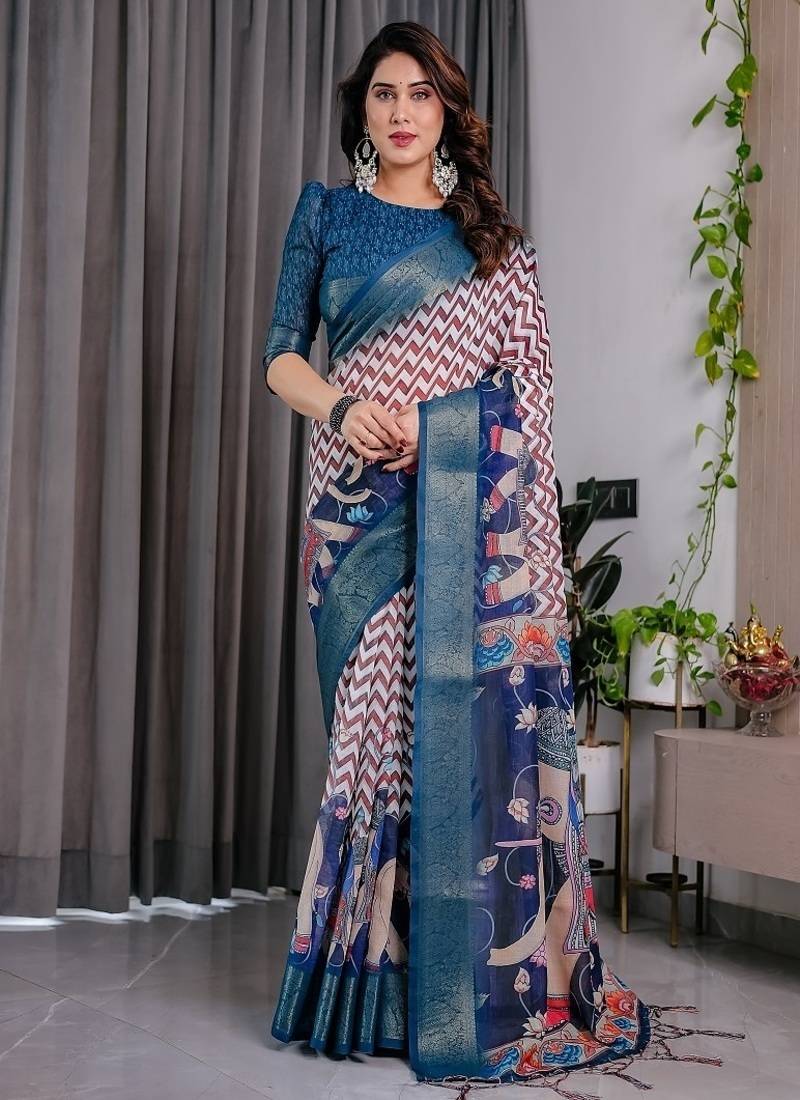 Navy Blue color Digital Printed And Zari Woven Work Linen Saree