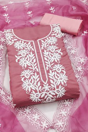 baby pink embroidered pv roman silk unstitched dress material 