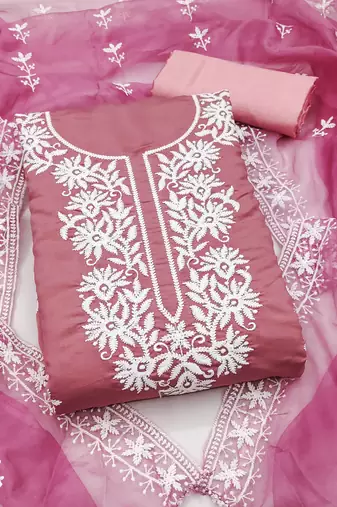 baby pink embroidered pv roman silk unstitched dress material 