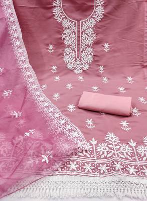 baby pink embroidered pv roman silk unstitched dress material  2