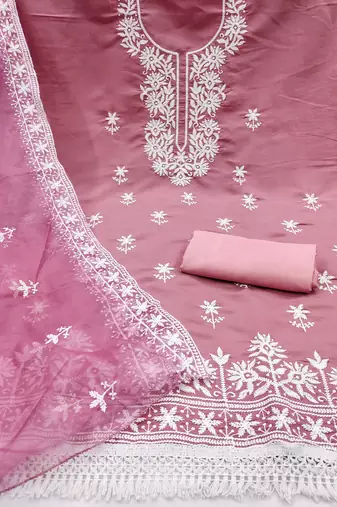 baby pink embroidered pv roman silk unstitched dress material 